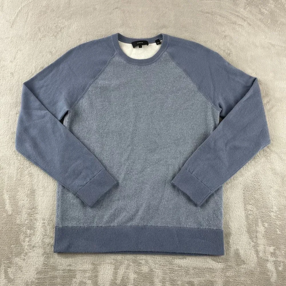 VINCE Birdseye Crewneck Sweater Men Small Blue Wool Cashmere Blend Designer LS
